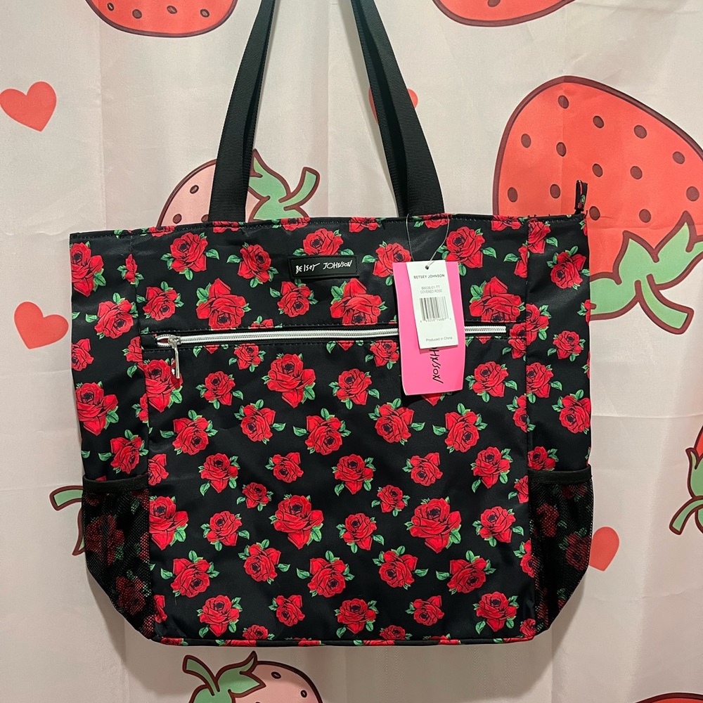 Betsey Johnson Black and Red Floral Tote Bag NWTA